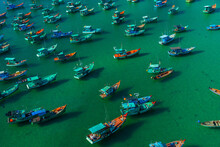 Aerial View Of Traditional Fishermen Boats Lined In An Thoi Harbor Of Duong Dong Town In The Popular Phu Quoc Island, Vietnam, Asia.