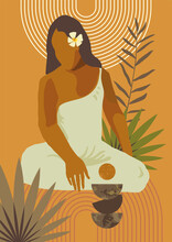 Vector Exotic Sitting Woman Print. Spa Wellness Resort Retreat Skin Care Poster. French Polynesia Tahiti Culture. Bohemian Tropical Feminine Gauguin Inspired Boho Wall Art Home Decor Print. Warm Color