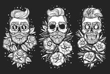 Black White Old School Tattoo Roses Skulls Emblems. Barber Shop Hipster Skulls And Roses Set. Vector Illustration Chalk Board. Hipster Heads With Glasses And Flowers With Modern Hairstyles.