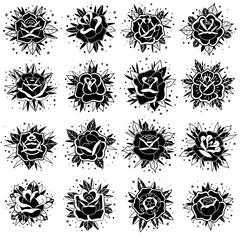 Wall Mural - black white old school tattoo roses set. Old school tattoo roses set. Vector black white elements collection. Traditional american tattoo flowers.