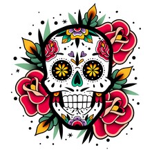 Mexican Roses Skull. Mexican Roses Skull. Vector Illustration. Dia De Los Muertos Shugar Colorful Head.