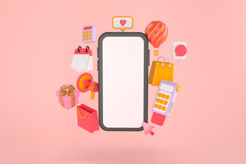 Wall Mural - 3d rendering of smartphone and Online shopping.