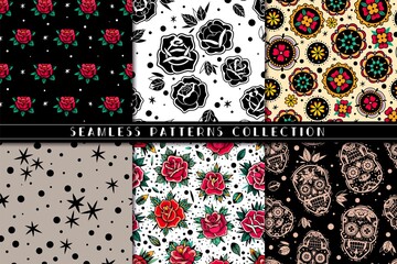 Wall Mural - old school tattoo roses seamless patterns set. Mexican skulls and roses seamless patterns collection. Vector illustration. Dia de los muertos shugar colorful heads and flowers.