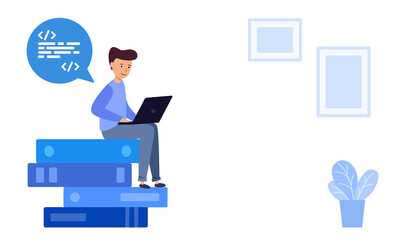 Wall Mural - man sits on a stack of books thinking and working on the computer. a person works at a laptop. vecto