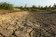 Dry Field With Natural Texture Of Cracked Clay. Soil Drought Cracked Landscape.