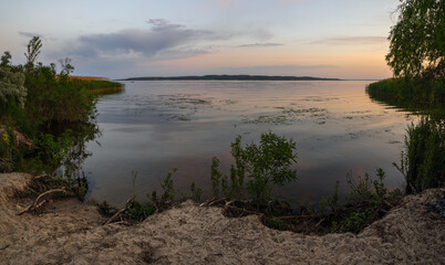 Canvas Print - Dnipro river summer sunset twilight panorama landscape, Ukraine