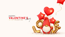 Valentine's Day Background. Realistic Design With Romantic Decorative Objects In 3d Scandinavian Gnome For Lovers Symbol. Gold Sign Love. Red Balloons Shape Of Heart, Stars. Bright Holiday Composition