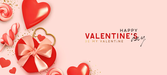 Wall Mural - Valentine's Day background. Realistic design with romantic decorative objects in 3d Red gift boxes, candy on stick, metal hearts made of gold, golden glittering confetti. Bright holiday composition
