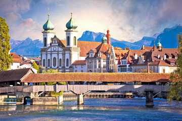 Wall Mural - Luzern wooden river Bridge and church view