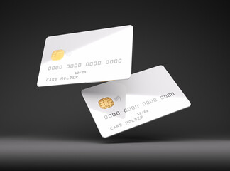 white glossy credit card mock up, dark black background,3d illustration