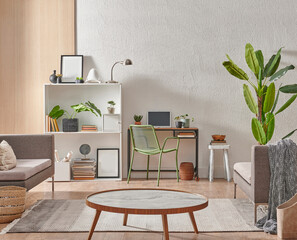 Grey stone wall interior room with wooden decor, bookshelf, sofa and vase of plant, middle table, carpet, home decoration.