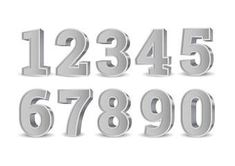 silver 3d numbers. symbol set. vector illustration