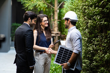 electrical engineer technician and ceo executive business people making handshake after meeting. cle