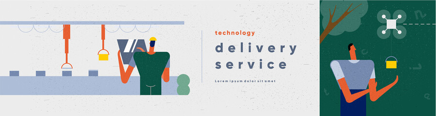 Wall Mural - deliveri service, drone delivery. people and technology in the modern world. vector illustration. we