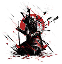 The Black Silhouette Of A Samurai Wounded By Arrows, Bloodied He Leans On His Katana, In The Last Moment Of His Life Looks At The White Magic Sakura Flower In His Hand. 2d Illustration.