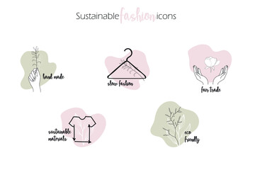 Sustainable fashion icons, hand made, slow fashion, fair trade, responsible materials, eco friendly fabric Hand drawn flat vector illustration.