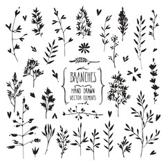 Tree branches, plants silhouettes made with ink. Hand drawn clipart illustration collection of floral design elements. Wood twigs, sticks, flowers, leaves. Isolated vector set on white background.