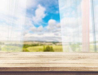 Sticker - Kitchen wooden table on blur window background