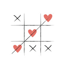 Vector Illustration Of Tic Tac Toe Game With Hearts. Valentine's Day Background.