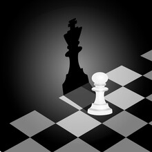 The Image Of A Pawn Casting The King's Shadow On The Wall. The Concept Of Striving For A Goal, Career Growth, Power, Strength, Leadership. Vector Flat Illustration