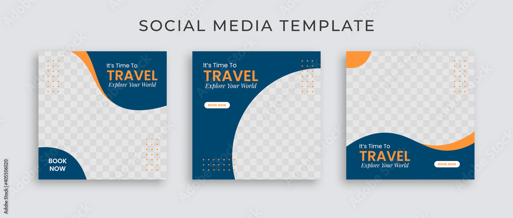 Editable template post for social media ad. Instagram template post. web banner ads for travel promotion .design with blue and yellow color.  - obrazy, fototapety, plakaty 