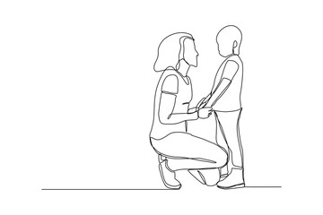 Continuous line drawing of young mother giving some wise advice talk to his child. Happy family parenting concept. Trendy single one line draw design graphic vector illustration