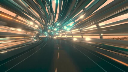 Wall Mural - Flying in a futuristic fiber optic tunnel with a road. Future technologies concept. Business background. Pleasant natural lighting. Seamless loop 3d render