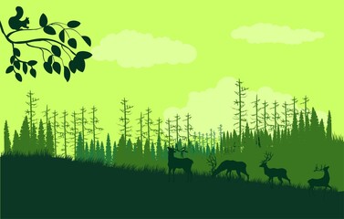Wall Mural - Silhouettes of deers and forest trees on hills, wildlife landscape, vector illustration