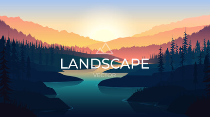 landscape with silhouettes of mountains and mountain river. nature background.