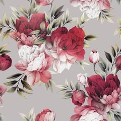  Seamless floral pattern with peony flowers on summer background, watercolor illustration. Template design for textiles, interior, clothes, wallpaper