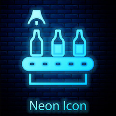 Glowing neon Brewery factory production line pouring alcoholic drink in glass bottles icon isolated on brick wall background. Vector.