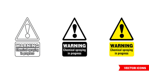 Warning chemical spraying in progress hazard sign icon of 3 types color, black and white, outline. Isolated vector sign symbol.