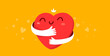 Vector cartoon cute happy heart character with smile and hands hugging self