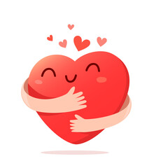 Wall Mural - Vector cartoon cute happy heart character with smile and hands hugging self