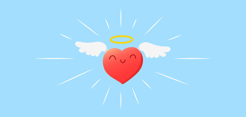 Wall Mural - Vector cartoon cute happy holy heart character with wings and nimbus