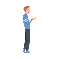 Sticker - Young Man Talking to Someone and Gesturing, Male Person Talking or Sharing Impressions Cartoon Style Vector Illustration