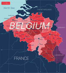 Sticker - Belgium country detailed editable map with regions cities and towns, roads and railways, geographic sites. Vector EPS-10 file