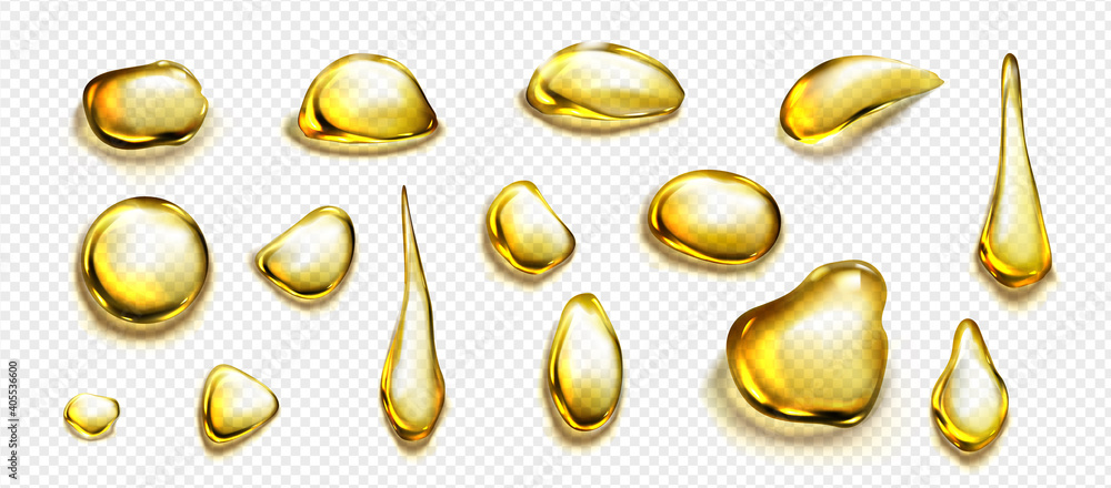 Golden drops and puddles of oil or liquid honey isolated on transparent background. Vector realistic set of gold drips of organic cosmetic or food oil, top view of clear yellow stains - obrazy, fototapety, plakaty 
