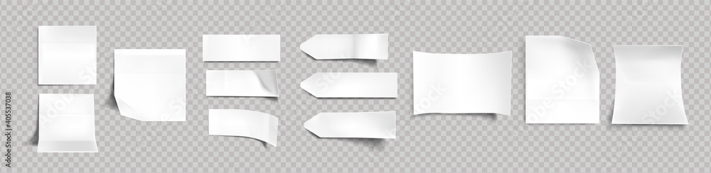 White stickers of different shapes with shadow and folded edges, tags, sticky notes for memo mockup isolated on a transparent background. Paper adhesive tape, empty blanks Realistic 3d vector set - obrazy, fototapety, plakaty 