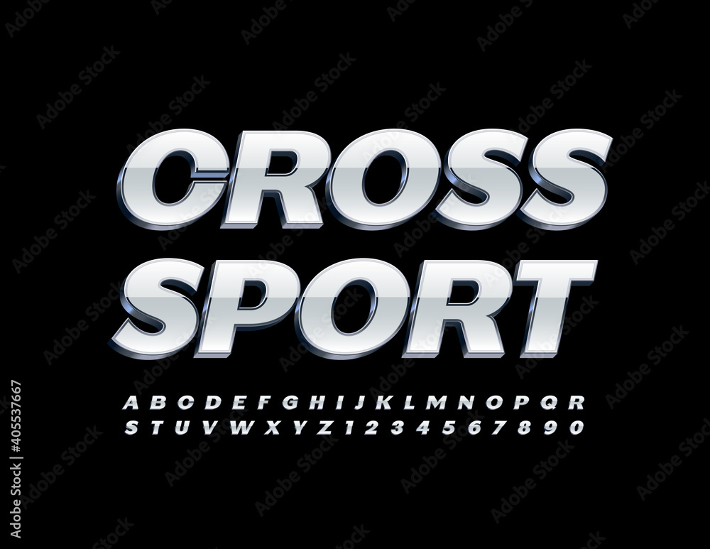 Vector modern logo Cross Sport. White and Silver 3D Font. Glossy Alphabet Letters and Numbers set - obrazy, fototapety, plakaty 