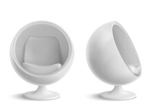 Ball Chair, Round Armchair Front And Side View. Futuristic Furniture Design For Home Or Office Interior, Comfortable Egg Shaped Seat Isolated On White Background. Realistic 3d Vector Illustration