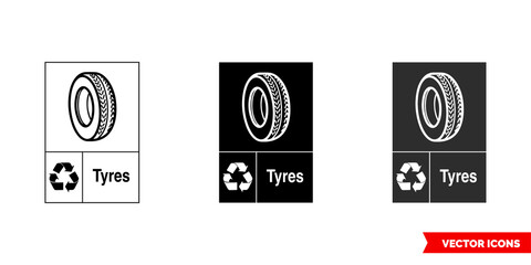 Wall Mural - Tyres automotive recycling sign icon of 3 types color, black and white, outline. Isolated vector sign symbol.