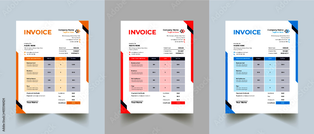 Editable Modern Abstract Creative Professional Invoice template with 3 color - obrazy, fototapety, plakaty 