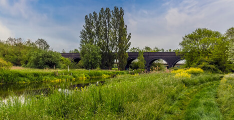 Wall Mural - A panorama view from the banks of the River Nene towards the abandoned viaduct at Thrapston, UK in springtime