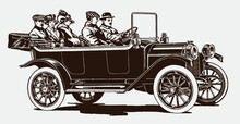 Five People Sitting In An Antique Touring Car. Illustration After An Engraving From The Early 20th Century