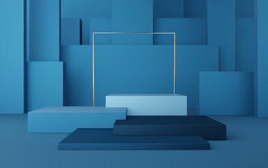 Wall Mural - Empty blue cube podium with gold border and gold square on blue box background. Abstract minimal studio 3d geometric shape object. Mockup space for display of product design. 3d rendering.