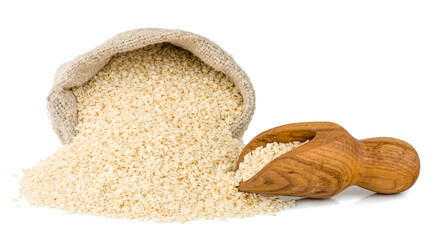 Sticker - Sesame seeds in a sack isolated on a white background