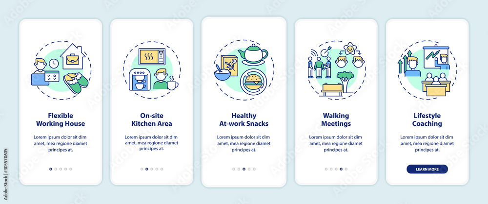 Workplace wellness examples onboarding mobile app page screen with ...