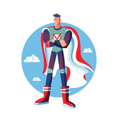 Male superhero in costume with arms crossed. Man with cape vector illustration. Cartoon comic boy with powers posing on blue sky background. Brave smiling guy standing