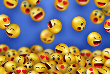 Background With Smiling Face Happy Icons. Yellow 3d Emoji. Face Icons With Different Expressions. Cartoon Characters Smiling And Sad Faces